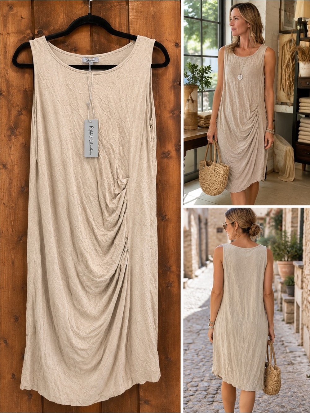 SHANA NWT Solid tan Crinkle Tank Sleeveless Shift Casual Dress NWT $99